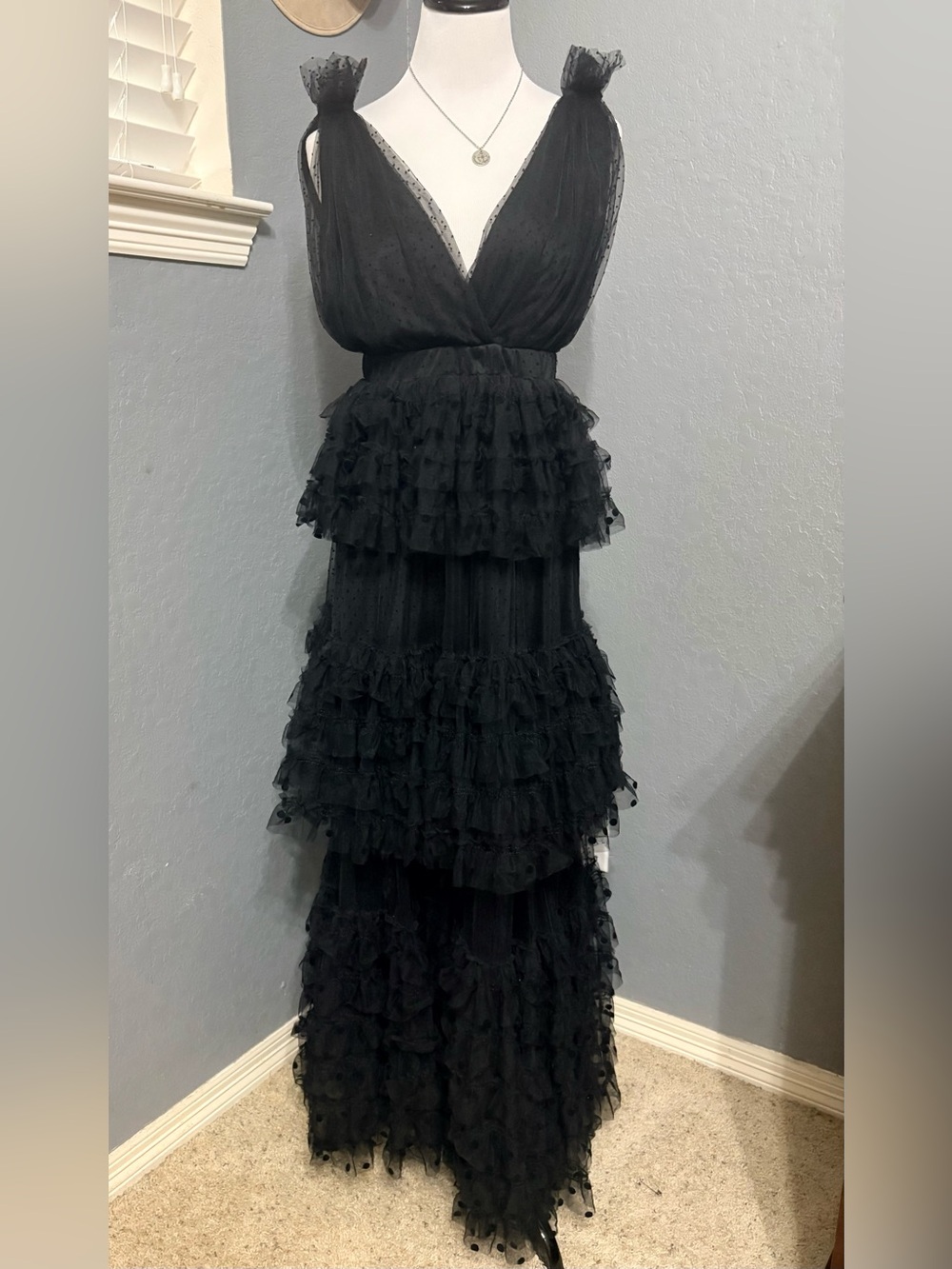 Mabel Elegant Black Ruffled Tiered Gown with polka dot pattern Size small #1190